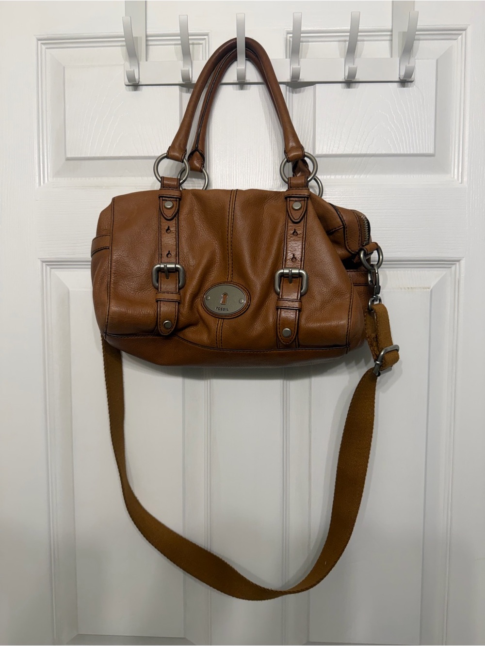 Fossil Maddox Satchel with Crossbody Strap and Silver Hardware.